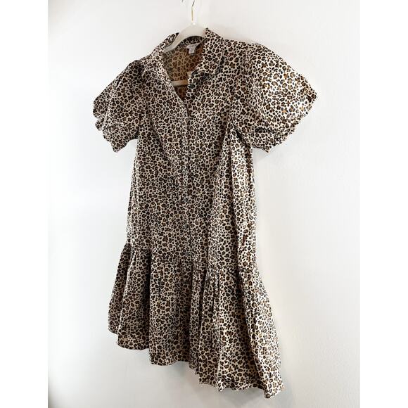 J. Crew Bubble Short Puff Sleeve Button Up Drop Waist Leopard Print Mini Dress - Picture 5 of 8